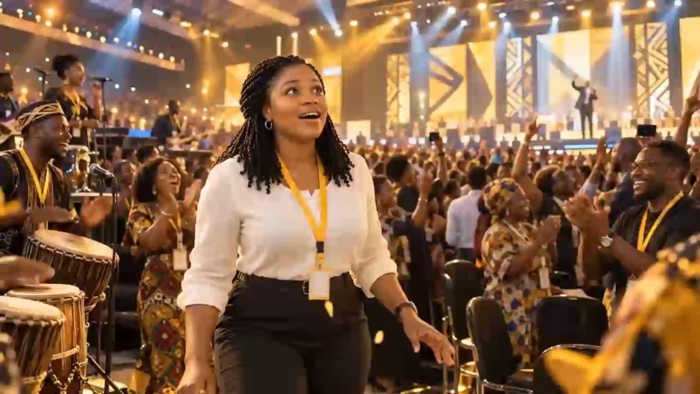 A teacher walking into the conference venue as the crowd behind her celebrates on the lit stage.